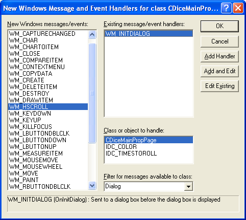 Figure 48: Adding WM_INITDIALOG handler to CDiceMainPropPage class.