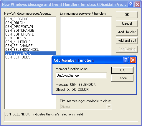 Figure 49: Adding CBN_SELENDOK handler to CDiceMainPropPage class.