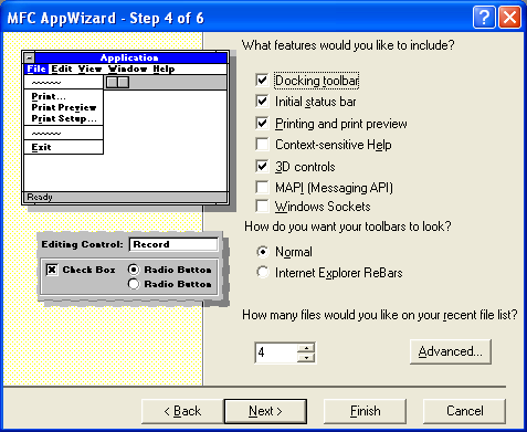 Winsock, C++ and MFC - Figure 14: MYEX33A – AppWizard step 4 of 6, we will use a normal dialog to create an address bar.