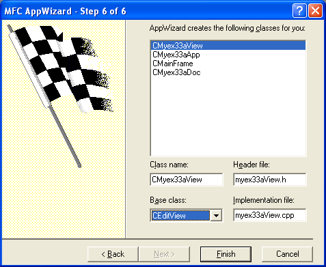 Winsock, C++ and MFC - Figure 16: MYEX33A – AppWizard step 6 of 6, selecting CEditView as the view base class.
