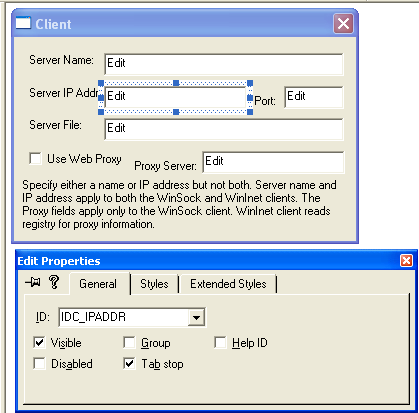 Winsock, C++ and MFC - Figure 27: The IDC_IPADDR property.