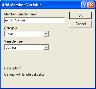 Winsock, C++ and MFC - Figure 52: Adding m_strIPServer variable.