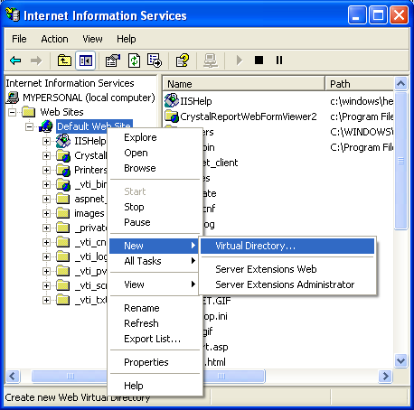 IIS, ISAPI, Winsock, C++ and MFC - Figure 32: Invoking the Virtual Directory context menu.