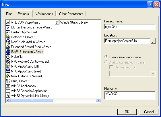 IIS, ISAPI, Winsock, C++ and MFC - Figure 43: MYEX34A – ISAPI Extension new project dialog.