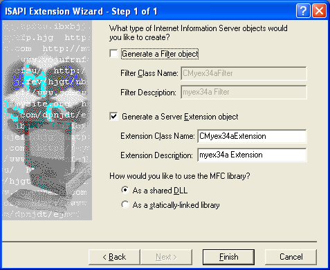 IIS, ISAPI, Winsock, C++ and MFC - Figure 44: MYEX34A – ISAPI Extension Wizard Step 1 of 1.