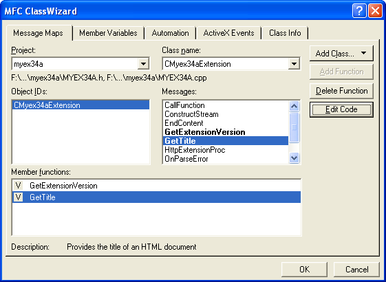 IIS, ISAPI, Winsock, C++ and MFC - Figure 47: Adding GetTitle() message handler function to CMyex34aExtension class.