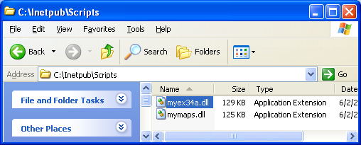 IIS, ISAPI, Winsock, C++ and MFC - Figure 48: The DLL copied to scripts sub directory on Windows XP Pro.