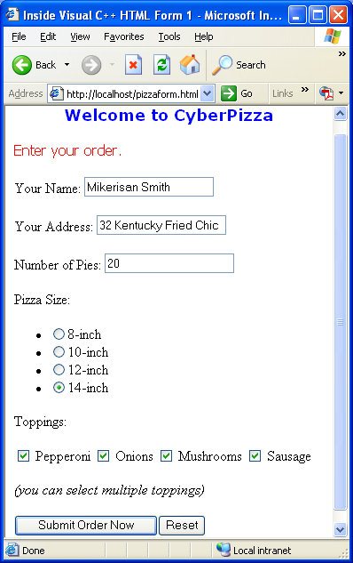 IIS, ISAPI, Winsock, C++ and MFC - Figure 51: Buying pizza by filling up the Pizza form.