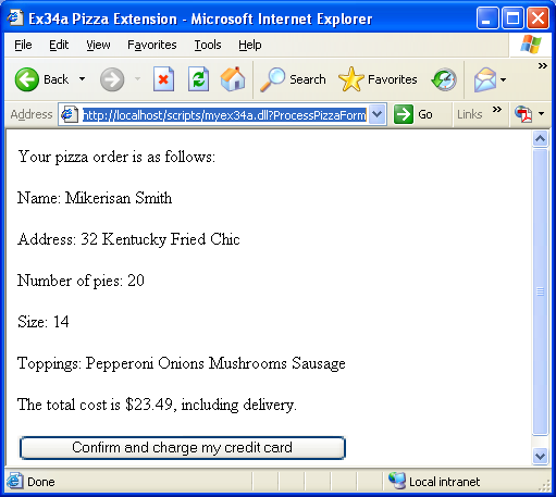 IIS, ISAPI, Winsock, C++ and MFC - Figure 52: Confirmation page for the ordered pizza.