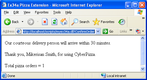 IIS, ISAPI, Winsock, C++ and MFC - Figure 53: Confirmed page of the ordered pizza and the payment, ready to be delivered.