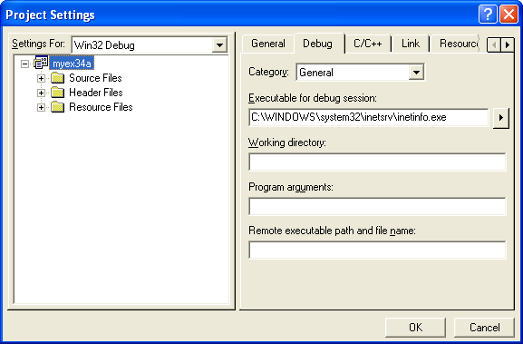 ISAPI, IIS, Winsock, C++ and MFC - Figure 58: Entering the program that will be invoked during the debug process.