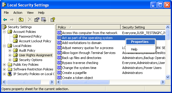 ISAPI, IIS, Winsock, C++ and MFC - Figure 59: Changing the User Right Assignment setting through Local Security Settings.