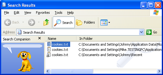 ISAPI, IIS, Winsock, C++ and MFC - Figure 62: Cookies.txt for user profiles in Windows XP Pro.