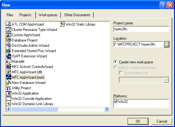 ISAPI, IIS, MFC and C++ - Figure 72: MYEX34C – new MFC AppWizard project dialog.
