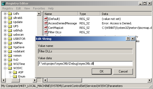 ISAPI, IIS, MFC and C++ - Figure 87:  Adding the full path of the DLL in registry – Windows 2000 Server.