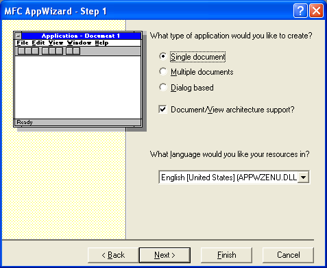 ActiveX document and Internet - Figure 5: MYEX35A – AppWizard step 1 of 6, an SDI application.