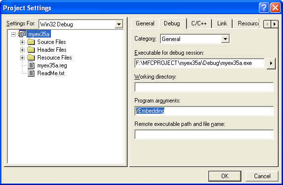 ActiveX document and Internet - Figure 22: Changing the Visual C++ project setting for debugging process.