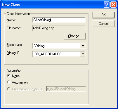 ActiveX document and Internet - Figure 76: Entering IDD_ADDRDIALOG class information.