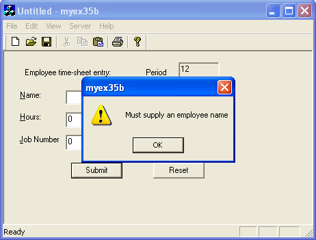 Figure 89: The validation message box for the Name field - ActiveX document and Internet.