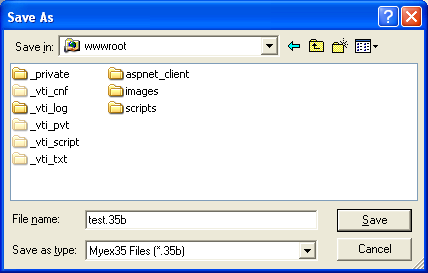 Figure 93: Saving the form, test.35b under wwwroot sub directory - ActiveX document and Internet.