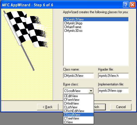 AppWizard Step 6, setting the CMymfc3View base class to CScrollView