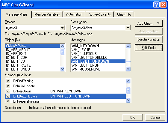 Using ClassWizard to map the WM_LBUTTONDOWN message