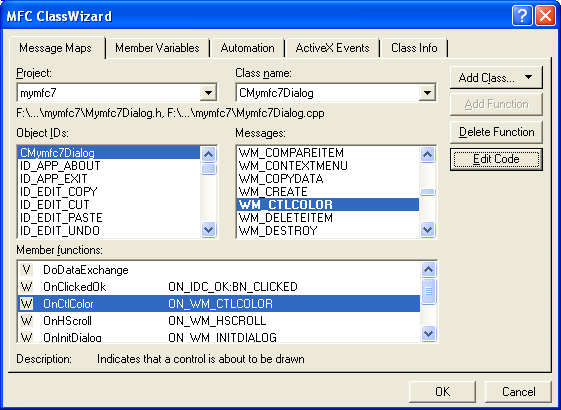The message map of the WM_CTRLCOLOR for CMymfc7Dialog.