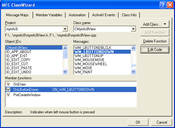 Adding the OnLButtonDown() member function to handle the left mouse click event.