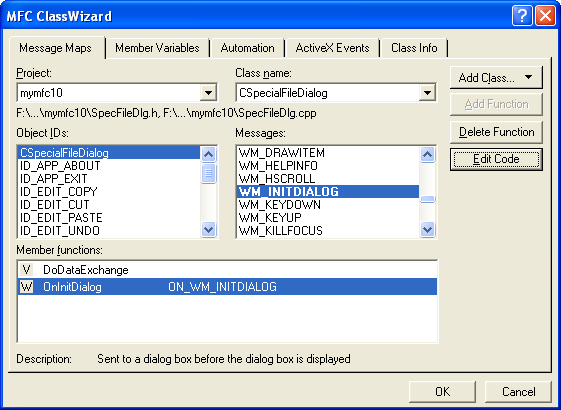 Mapping the WM_INITDIALOG message in the CSpecialFileDialog class.