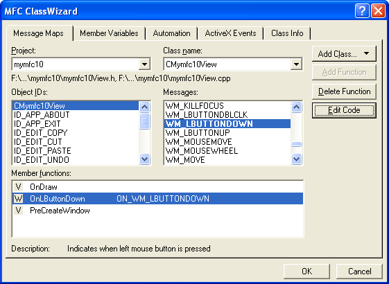 Adding the OnLButtonDown() message handler to the Cmymfc10View class.