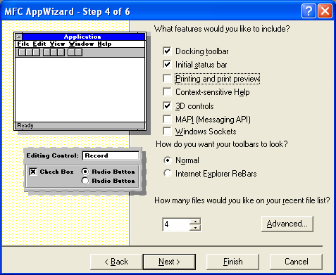 AppWizard step 4 of 6 dialog, deselecting Printing and print preview option.