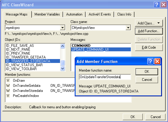 Adding the view class command and update command UI message handlers.