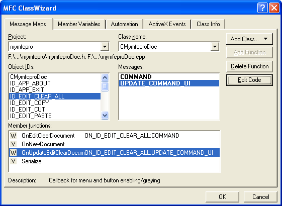 Using ClassWizard to add the document class command and update command UI message handlers.
