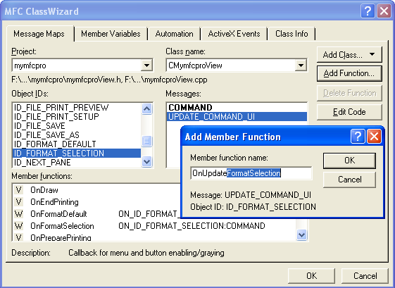 Using ClassWizard to add the view class command and update command UI message handlers.