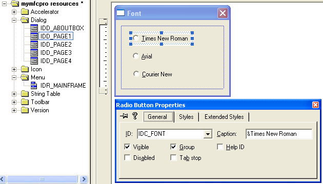 Using the resource editor to add Font property page dialog templates.