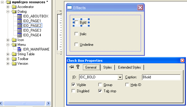 Using the resource editor to add Effects property page dialog templates.