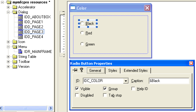 Using the resource editor to add Color property page dialog templates.
