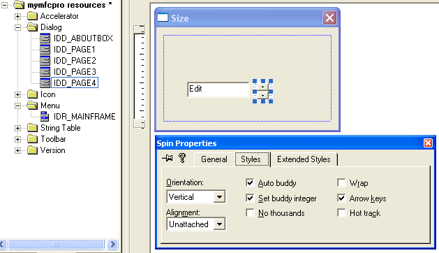 Using the resource editor to add Size property page dialog templates.