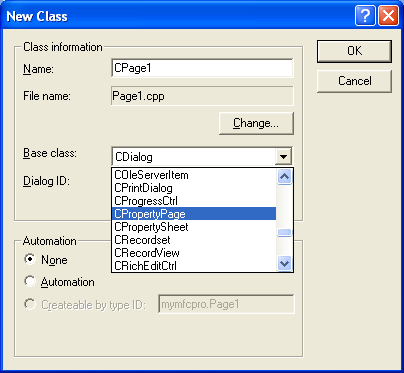 Creating the CPage1 class.