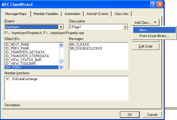 Using ClassWizard to create the new CPage2, CPage3, and CPage4 classes.