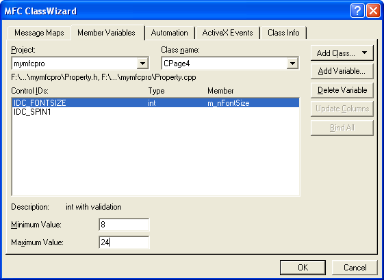 Setting the minimum value of IDC_FONTSIZE to 8 and its maximum value to 24.