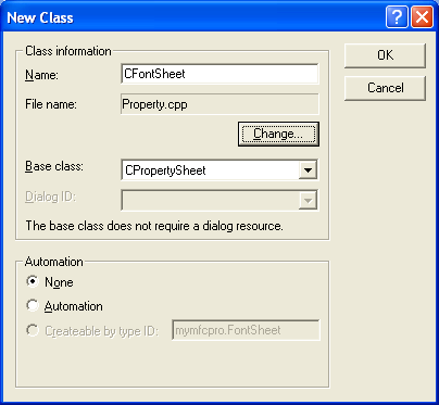 Using ClassWizard to create a CFontSheet class that derived from CPropertySheet.