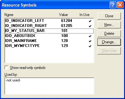 Using Resource Symbol dialog to add new status bar identifier, ID_MY_STATUS_BAR.