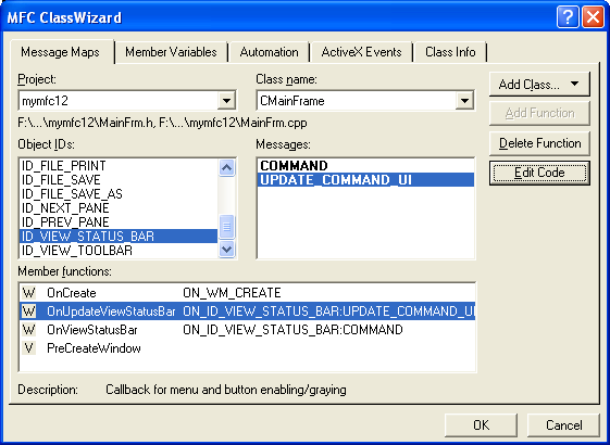 Adding View menu command handlers in the class CMainFrame.