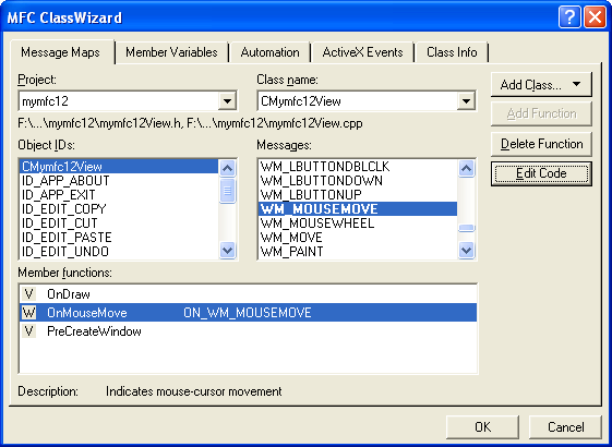 Adding a WM_MOUSEMOVE handler in the CMymfc12View class.