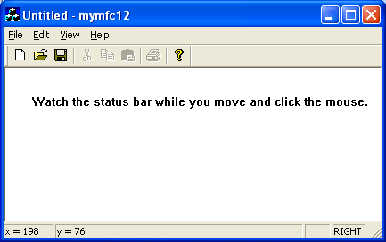 MYMFC12 program output with new status bar items.