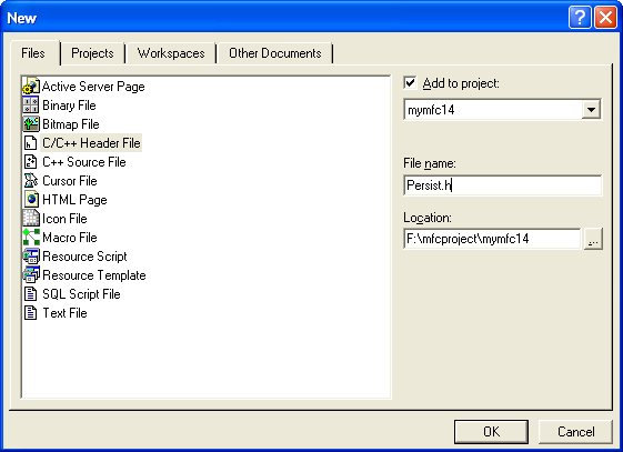 Entering the new file name to be added to the project.