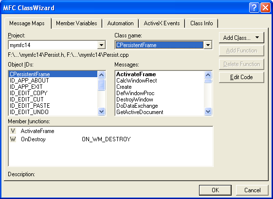 The CPersistentFrame is now integrated into ClassWizard after the CLW rebuilding.
