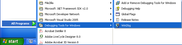 The Debugging Tools for Windows short cut menu