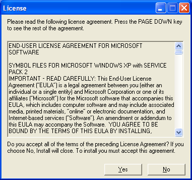 The Windows XP with Service Pack 2 retail symbols License agreement